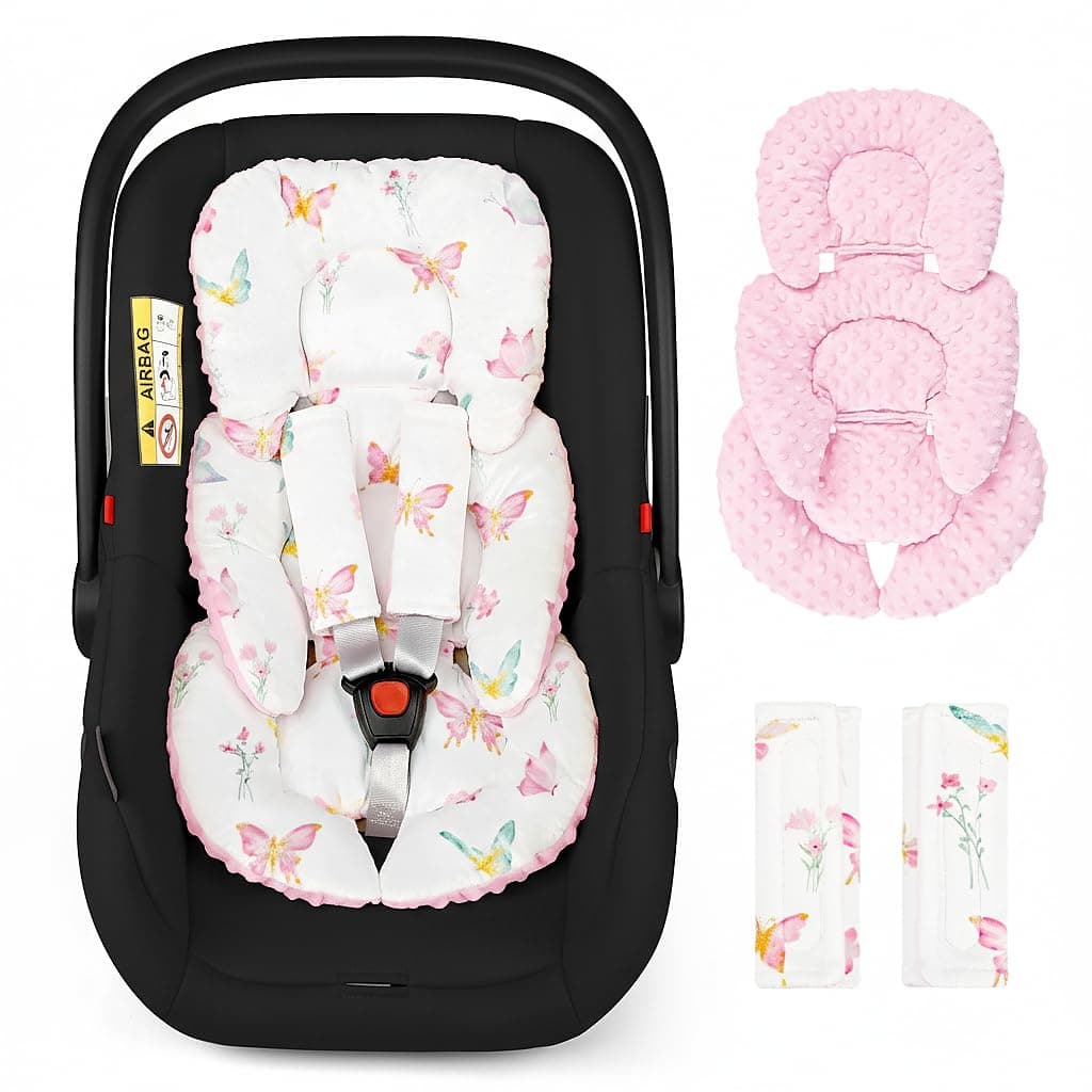 Infant Car Seat Insert for Newborn Girls Boys, Reversible Baby Carseat Head Support with Strap Pads, Soft Baby Car Seat Insert Cushion Pad for Stroller, Bouncer, Swing, High Chair, Pink Butterfly