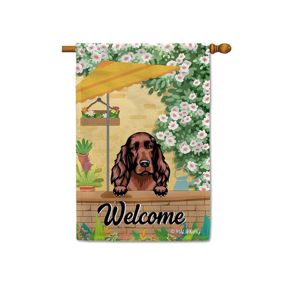 MALIHONG Welcome Dog House Flag Peeking Dog Irish Setter Romantic Yard with Colorful Flower Spring Summer Banner for Home Decor 28x40 Inch