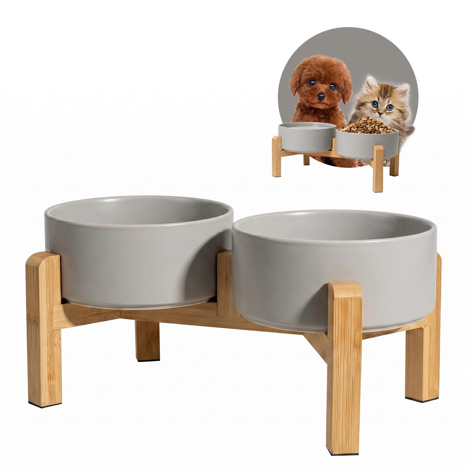 Elevated Ceramic Dog Bowl Set - Raised Feeding Bowls with Non-Slip Bamboo Stand - Small Pet Dishes for Food and Water - Ideal for Cats and Puppies - 16.23 OZ - 2 Cups - 480 ML