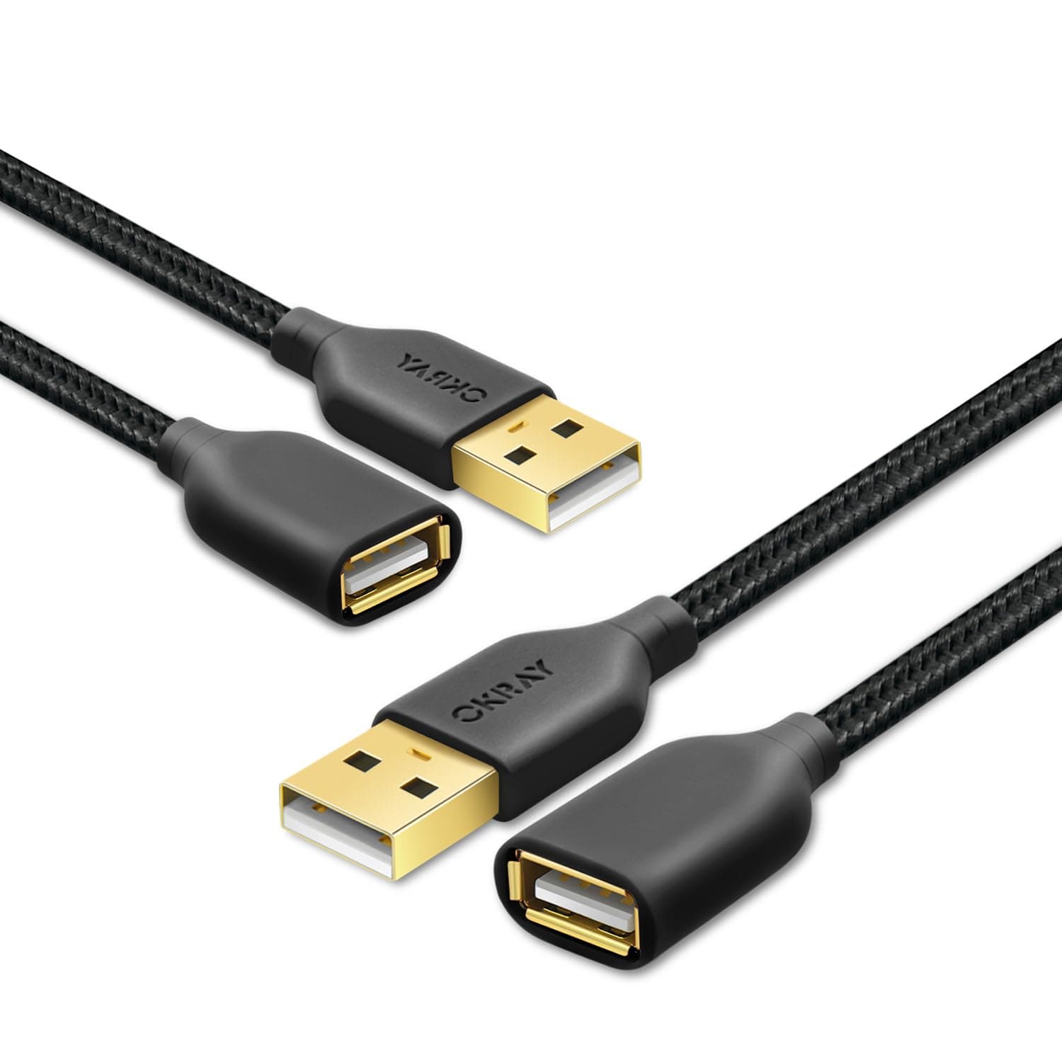 OKRAY 2 Pack--10FT(3M) Nylon Braided USB 2.0 Extension cable Extender Cord - A Male to A Female with Gold-Plated Connector (Black Black)