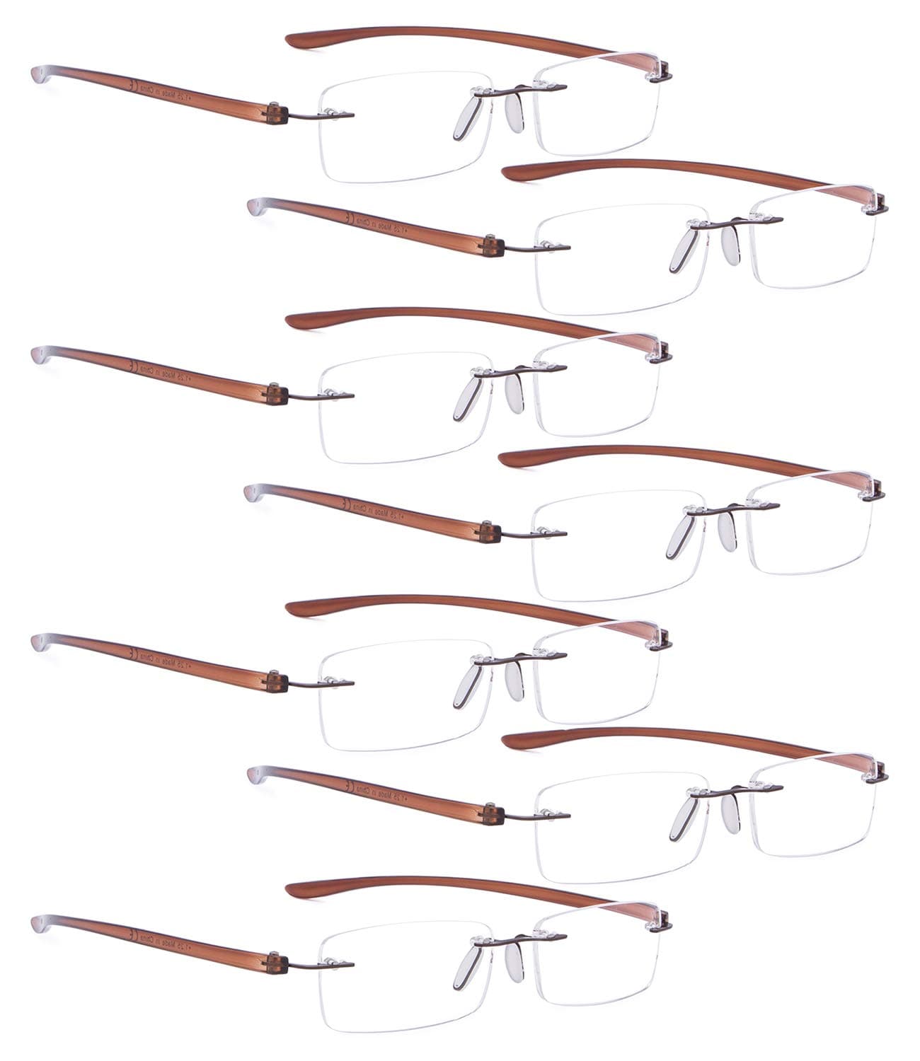 LUR READING GLASSES 7 pack Small Lens Rimless Readers (Brown Arm)