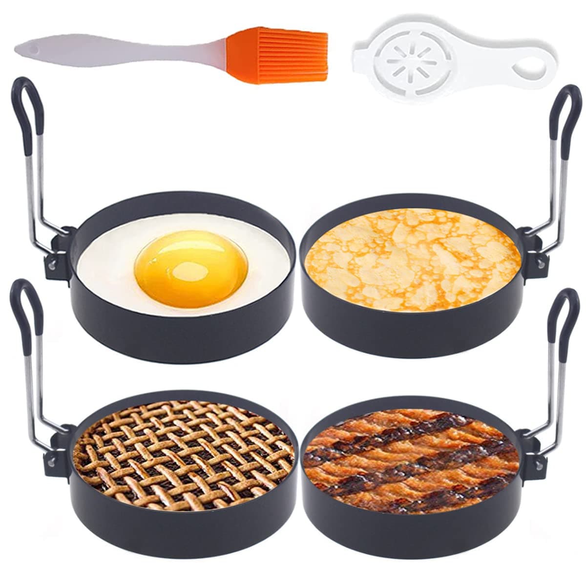 Egg Ring, 4 Packs Upgrade Large 4" Stainless Steel Non-stick Rings for Griddle Frying, Round Cooker for Pancakes, Muffins With Oil Brush and Separator