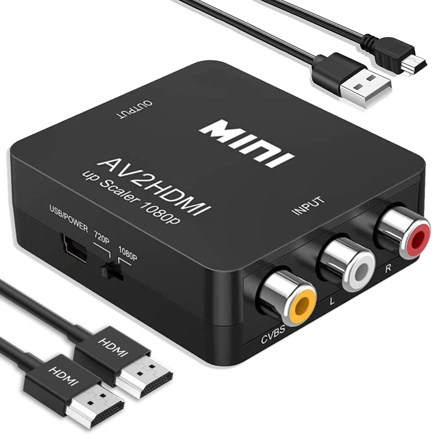 RCA to HDMI Converter, 1080P Mini RCA Composite CVBS AV to HDMI Video Audio Converter Adapter, Supports PAL/NTSC for N64 Wii PS2 PS3 Xbox VHS VCR Camera DVD - with HDMI Cable
