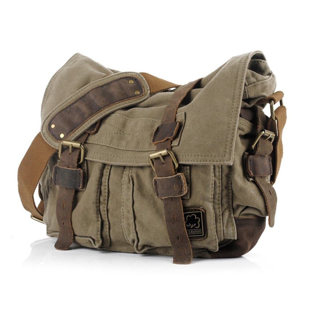 JONON Vintage Military Men Canvas Messenger Bag for 13.3-17" Laptop (Size 14.7", Green)