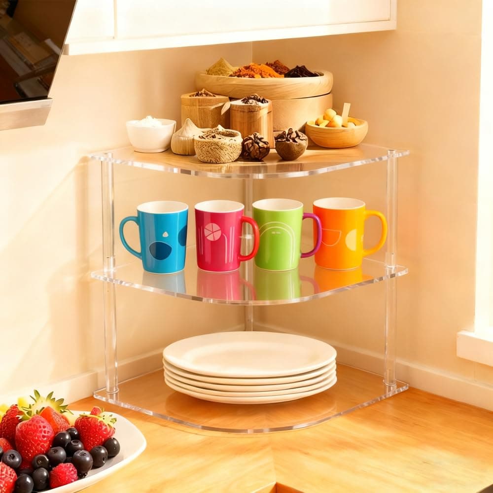 yaenoei Plate Organizer for Cabinet Space Saver Clear Acrylic Kitchen Counter Organizer 3-Tier Corner Shelf Dish Organization, Dinner Plates Holder and Small Shelf for Bathroom Storage