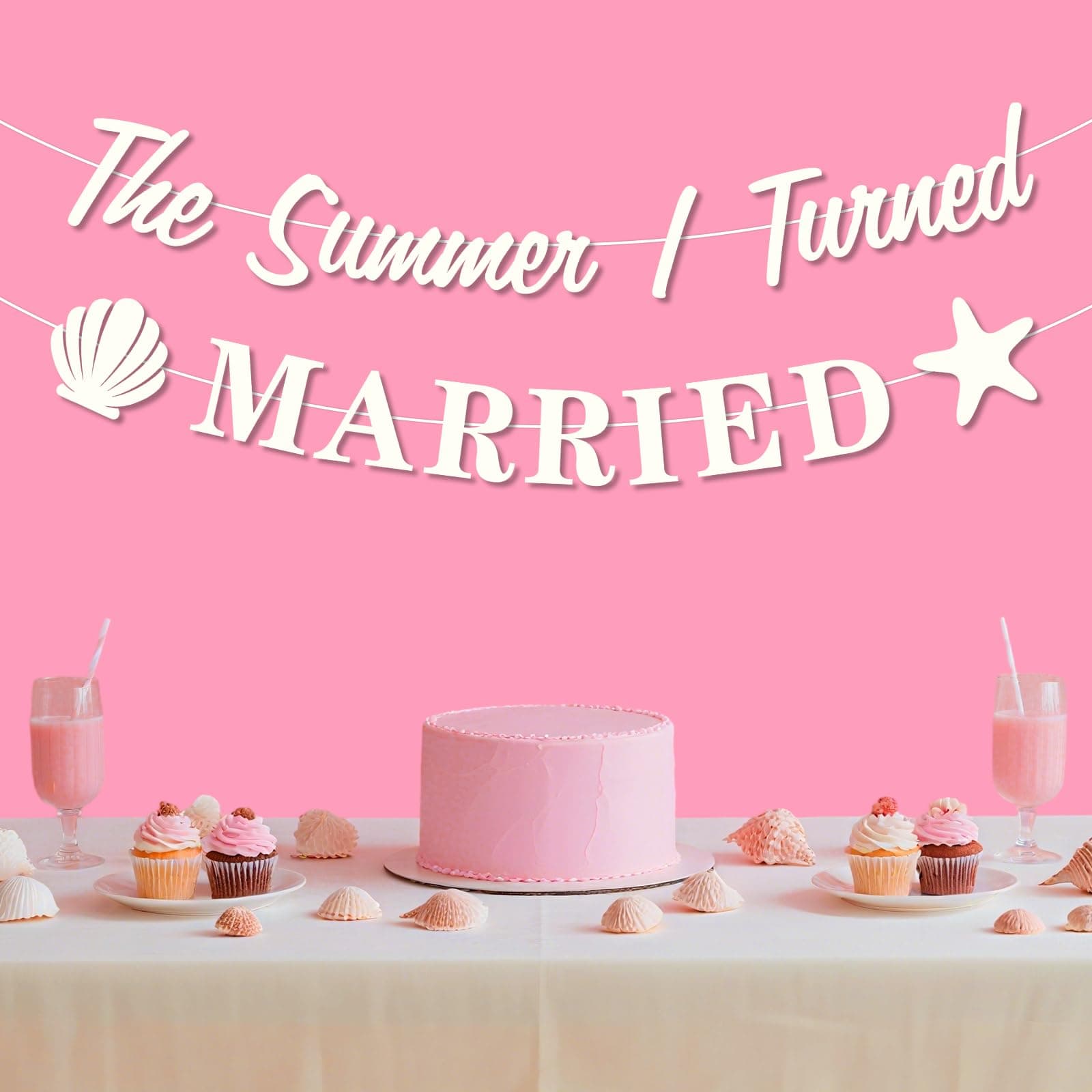 The Summer I Turned Married Banner Sea Shell Starfish Bachelorette Party Decorations Beach Bach Banner for Women Summer Coastal Bridal Shower Engagement Wedding Supplies