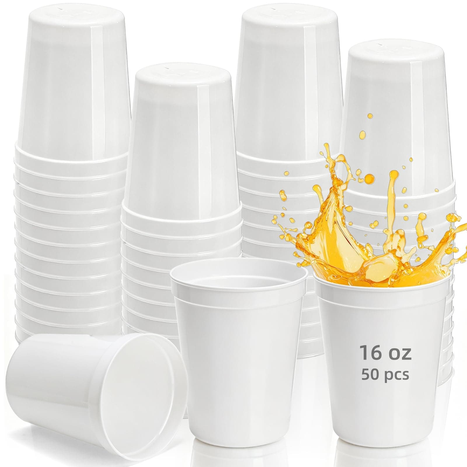 Cididu 50 Pack White Stadium Cups, Reusable 16 Oz Plastic Cups for Party, Blank Drink Tumblers Bulk for Halloween, Birthday, Wedding, Baby Shower, Christmas, Events, DIY Projects, BPA Free