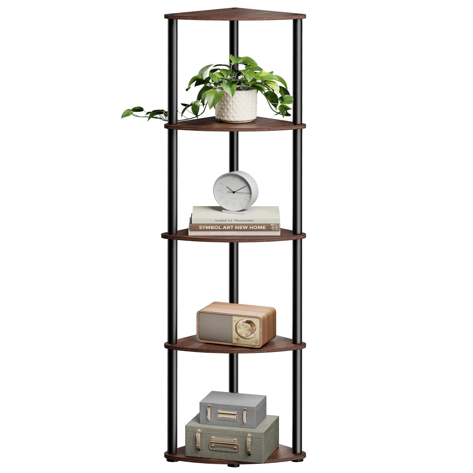 SONGMICS HOME Corner Shelf, Superfast Toolless Assembly, 5-Tier Corner Standing Shelf, Corner Shelf Stand, Living Room, Bedroom, Kitchen, 15 x 10.6 x 54.7 Inches, Somber Walnut ULBC610K02