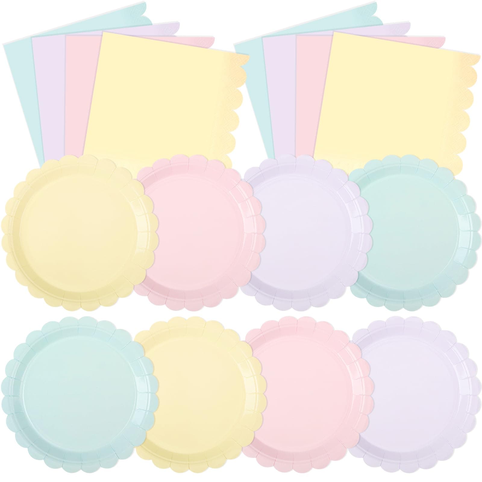 Tiangrid 120 Pcs Paper Plates and Napkins Party Supplies Bulk Disposable 7 Inch Scalloped Plates Cocktail Napkins for Wedding Bridal Baby Shower Birthday Decorations, Serve 60(Pastel)