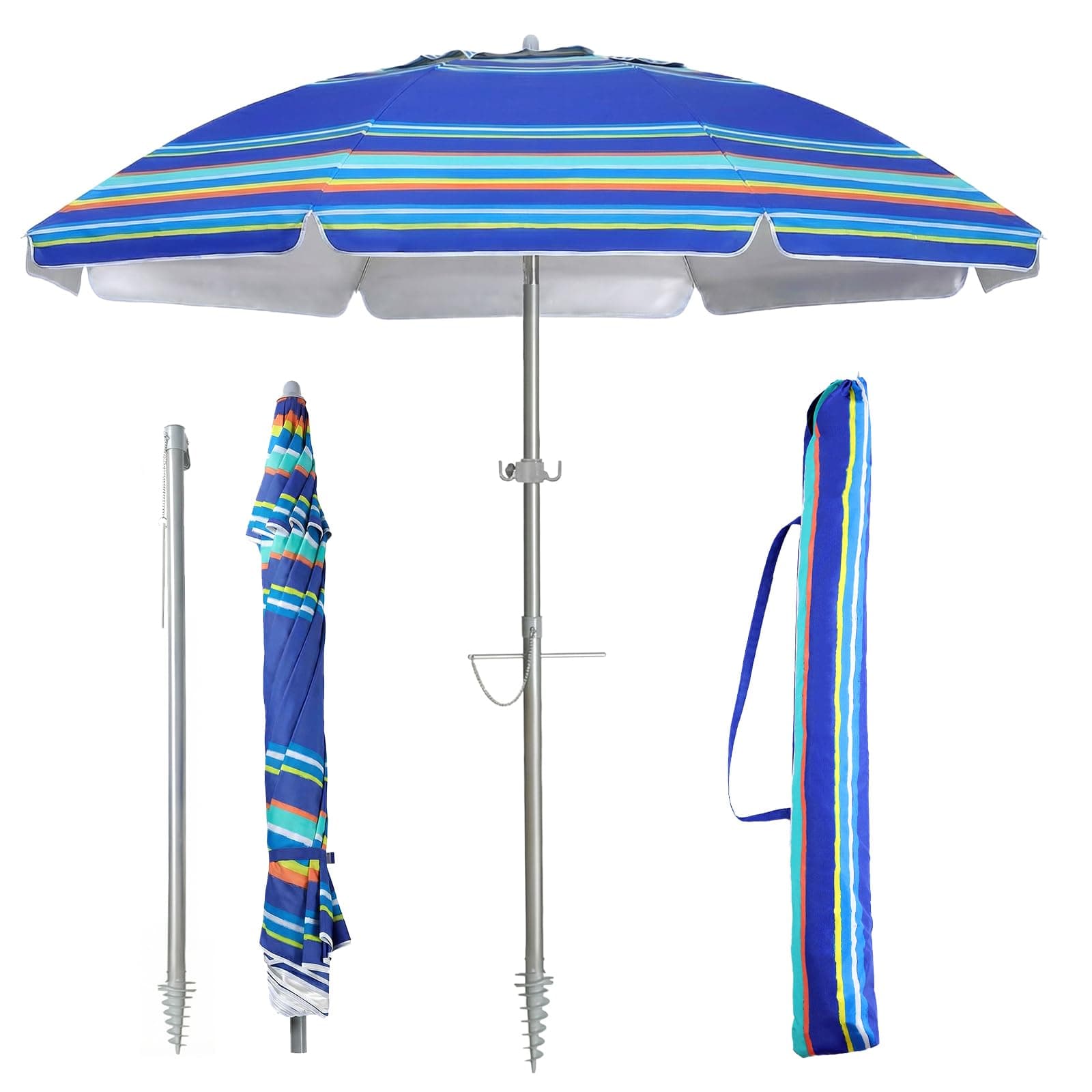 7ft Beach Umbrella with Sand Anchor & Tilt, UPF 50+ Protection Beach Umbrellas for Sand, Beach Umbrellas for Heavy Duty Wind Portable with Carry Bag, for Patio Garden Pool, Dark Blue Stripes