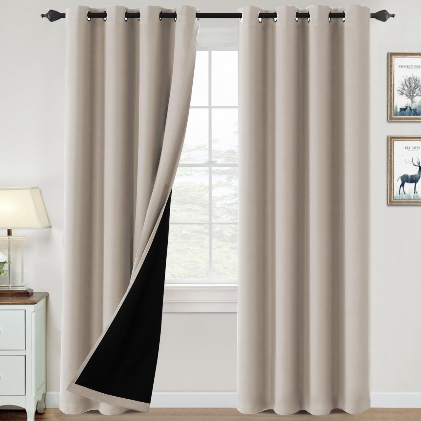 H.VERSAILTEX 100% Blackout Curtains for Bedroom Thermal Insulated Blackout Curtains 96 inch Length Heat and Full Light Blocking Curtains for Living Room with Black Liner 2 Panels Set, Natural