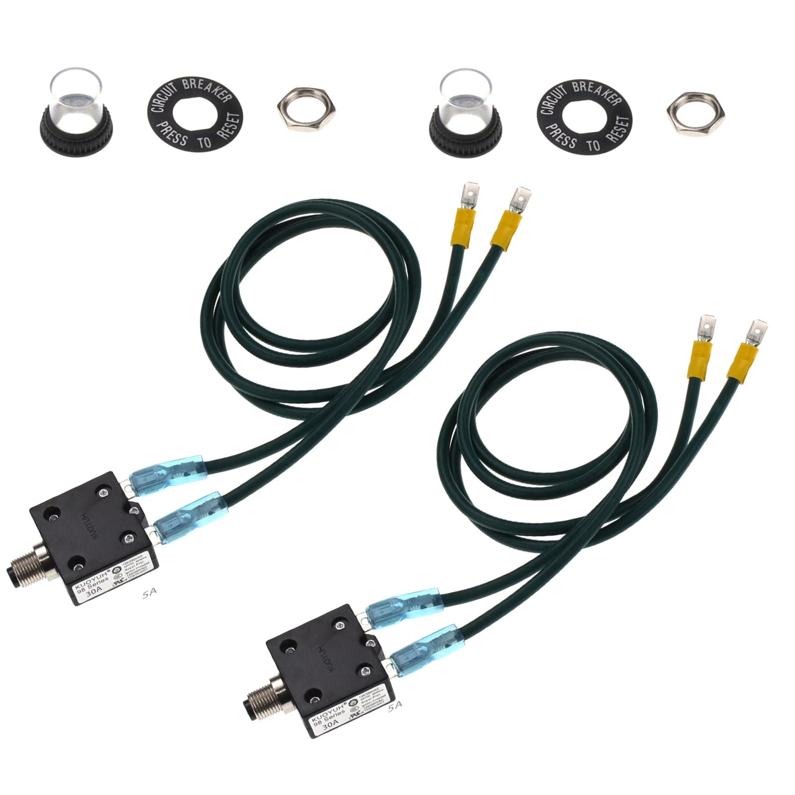 RKURCK 2pcs 30Amps 125/250VAC Thermal Circuit Breaker,32VDC Quick Connect Terminals Manual Reset Fuse Teste Overload Protector Switch,Low Voltage Protection with Dust Cover and 10AWG Wires