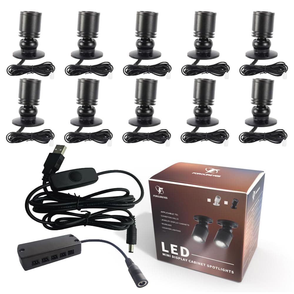 FOROUREYES 10 Lights Dimmable LED Cabinet Lights USB 5V Downlight for Model Display Counter Wine Garage Kit Exhibition Case Shelf Mini Spotlight