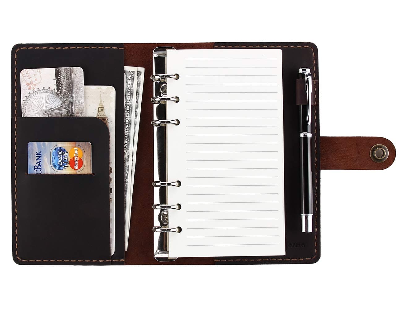 Fasjosma Leather Journal Refillable Writing Notebook, A6 Personal Size, 6 Ring Binder Spiral Notebook, Handmade Genuine Leather, Coffee