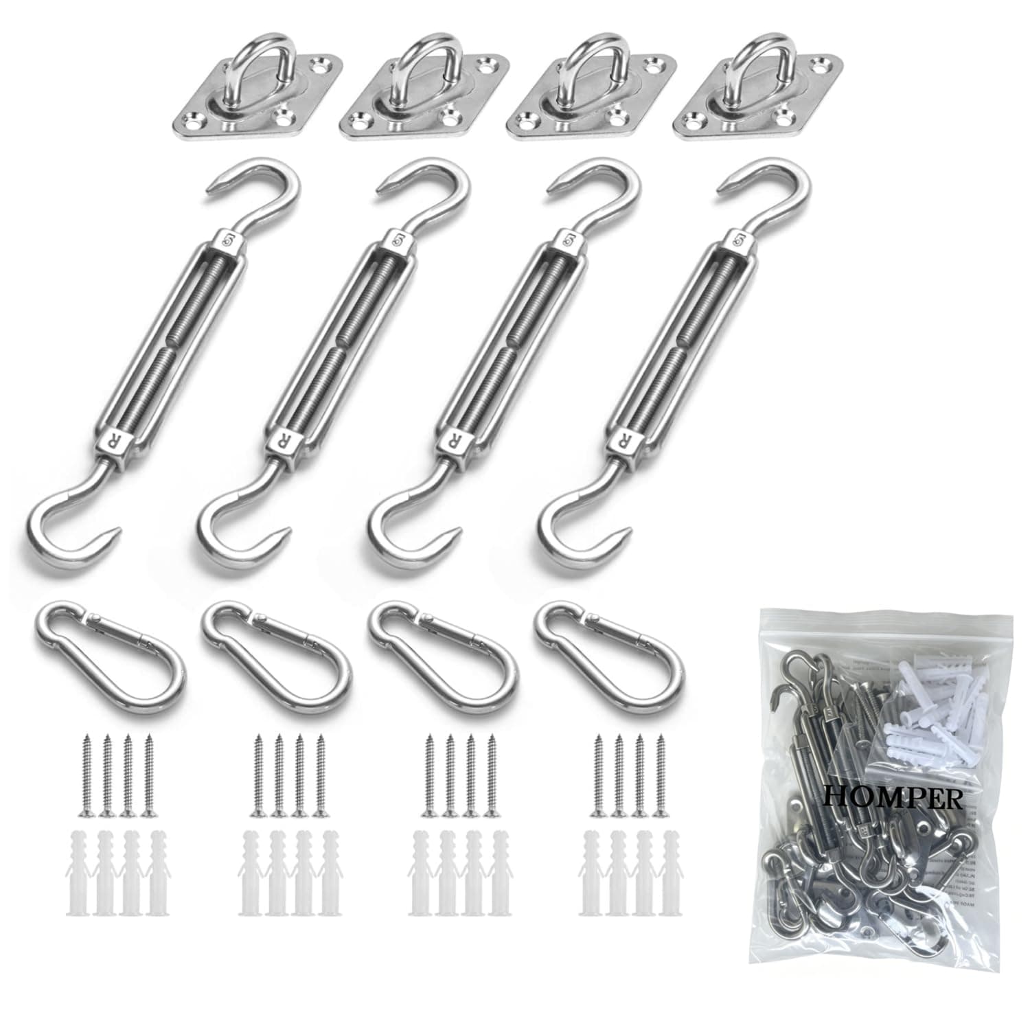 HOMPER Awning Attachment Set, Heavy Duty Sun Shade Sail Stainless Steel Hardware Kit for Garden Triangle and Square, Rectangle, Sun Shade Sail Fixing Accessories
