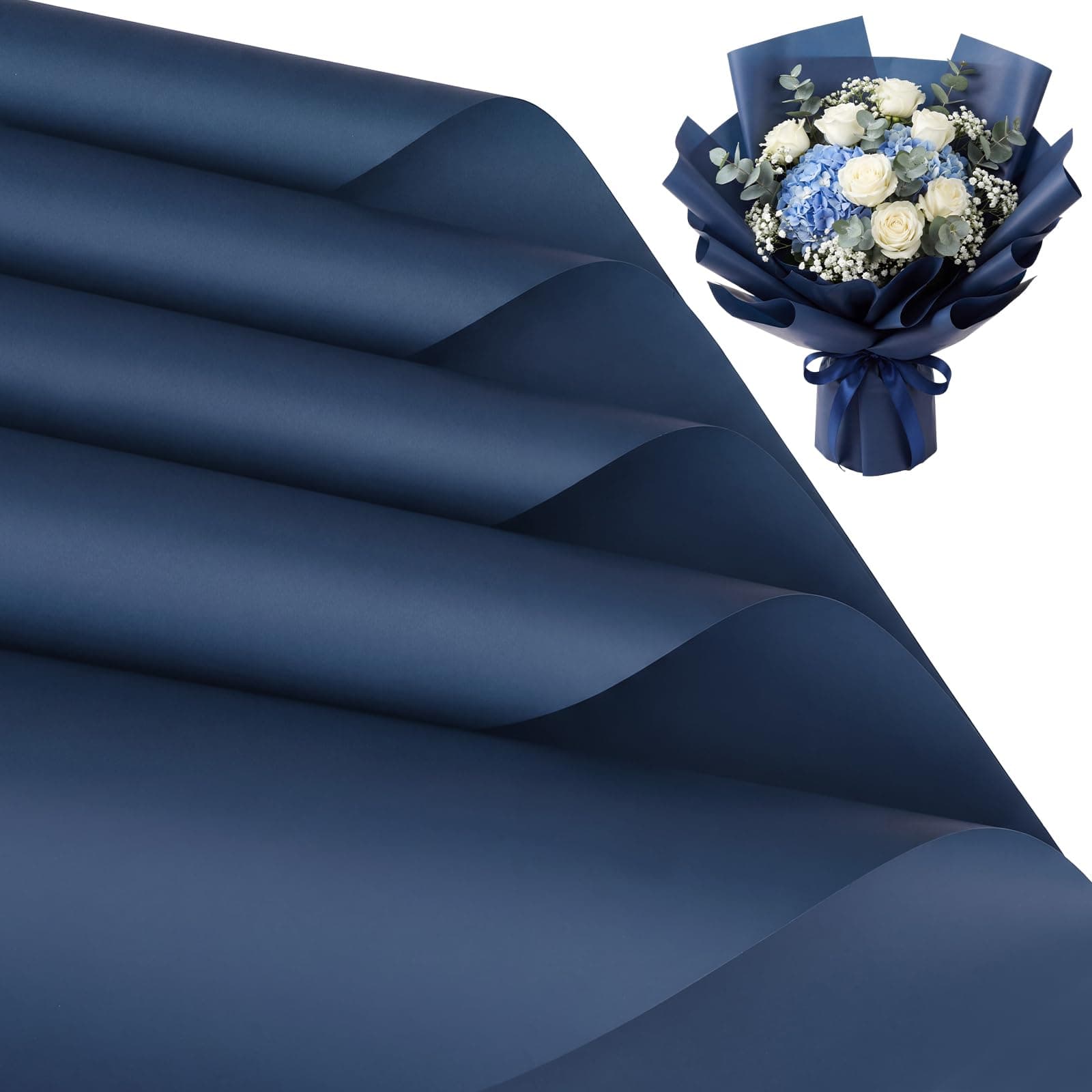 woric 25 Sheets Blue Flower Bouquet Wrapping Paper Waterproof Floral Wrapping Paper for Florist Supplies Wedding Birthday Party Favor Mother's Day Gift Crafts