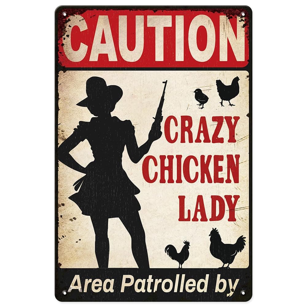 Chicken Gifts for Women Chicken Accessories, Caution Sign Area Patrolled by Chicken Lady, Chicken Coop Accessories Funny Chicken Signs for Home Kitchen Gate Fence Yard