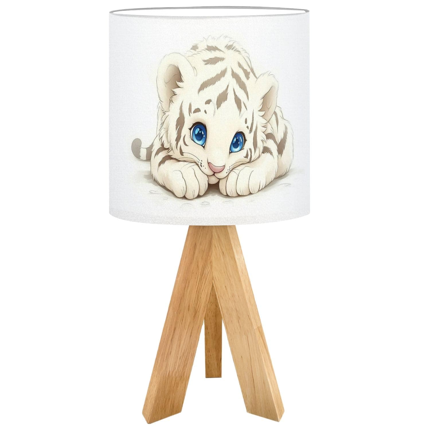 Cute Kids Bedside Desk Table Lamp Cute Animal White Tiger Cub Big Blue Eyes Striped Fur Playful Pose Children Nightstand Lamp, Tripod Small Night Lights Linen for Nursery Room Bedroom Dorm Decor