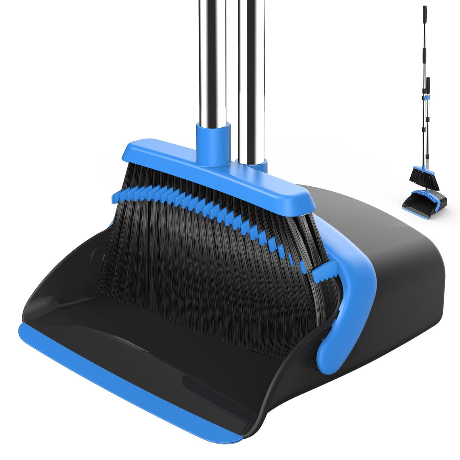 NACENA Broom and Dustpan Set with 52-in Long Adjustable Handle, Black Blue
