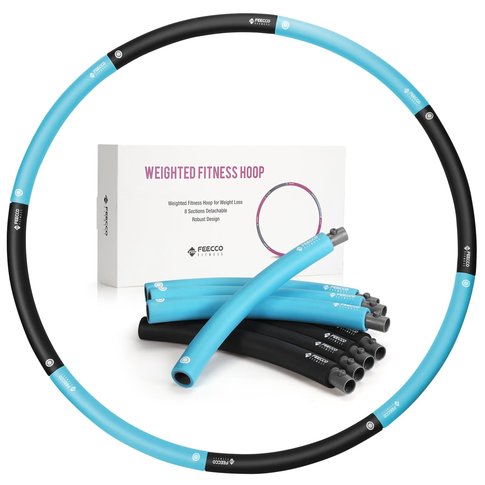 FEECCO Weighted Fitness Hoop, Exercise Hoop at 1~2.3 KG for Adults Weight Loss, 8 Detachable Sections for Home Gym or Travel, 36" Plus Size