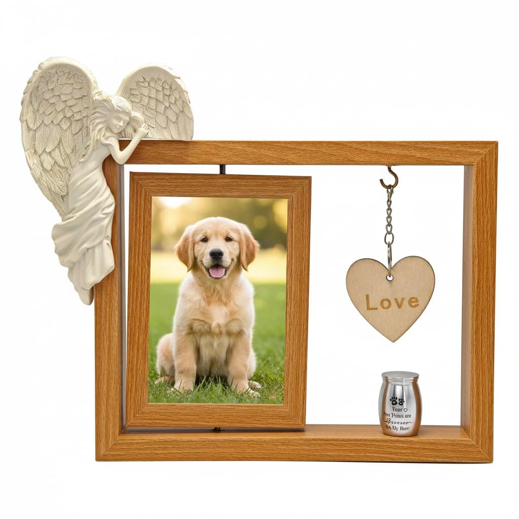 Pet Memorial Gift Set with Guardian Angel Figurine, 360° Rotating Double Photo Frame, Small Keepsake Urn Box & Scoop – Sympathy Gift for Dog or Cat Loss by Erirurs
