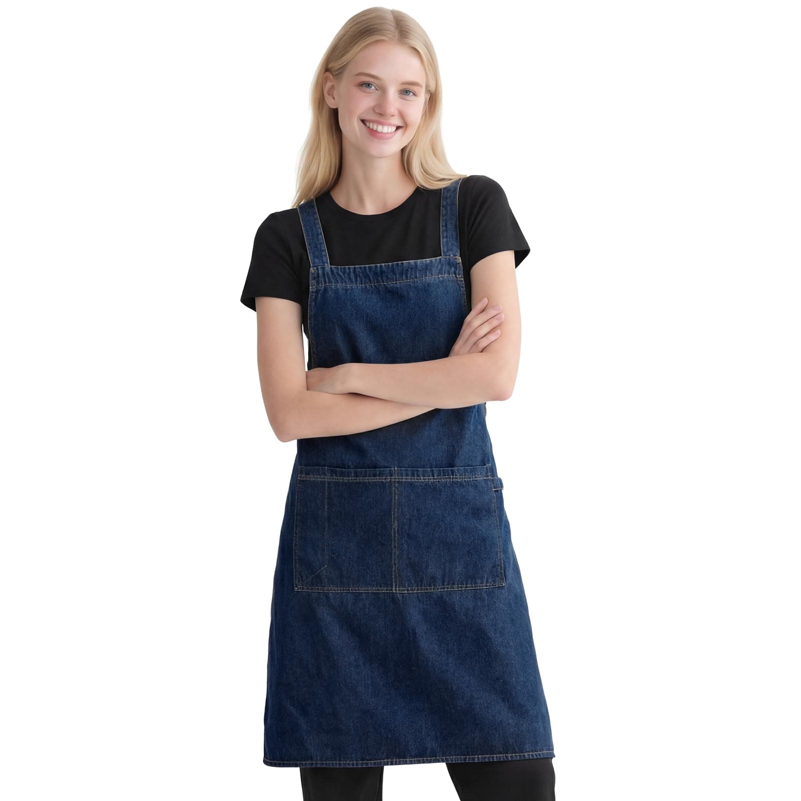 XJSLDYN Denim H-Back Apron for Men Women, Chef Apron with 3 Pockets, Adjustable Waist Tie Cotton Blend Kitchen Apron for BBQ, Baking, Gardening