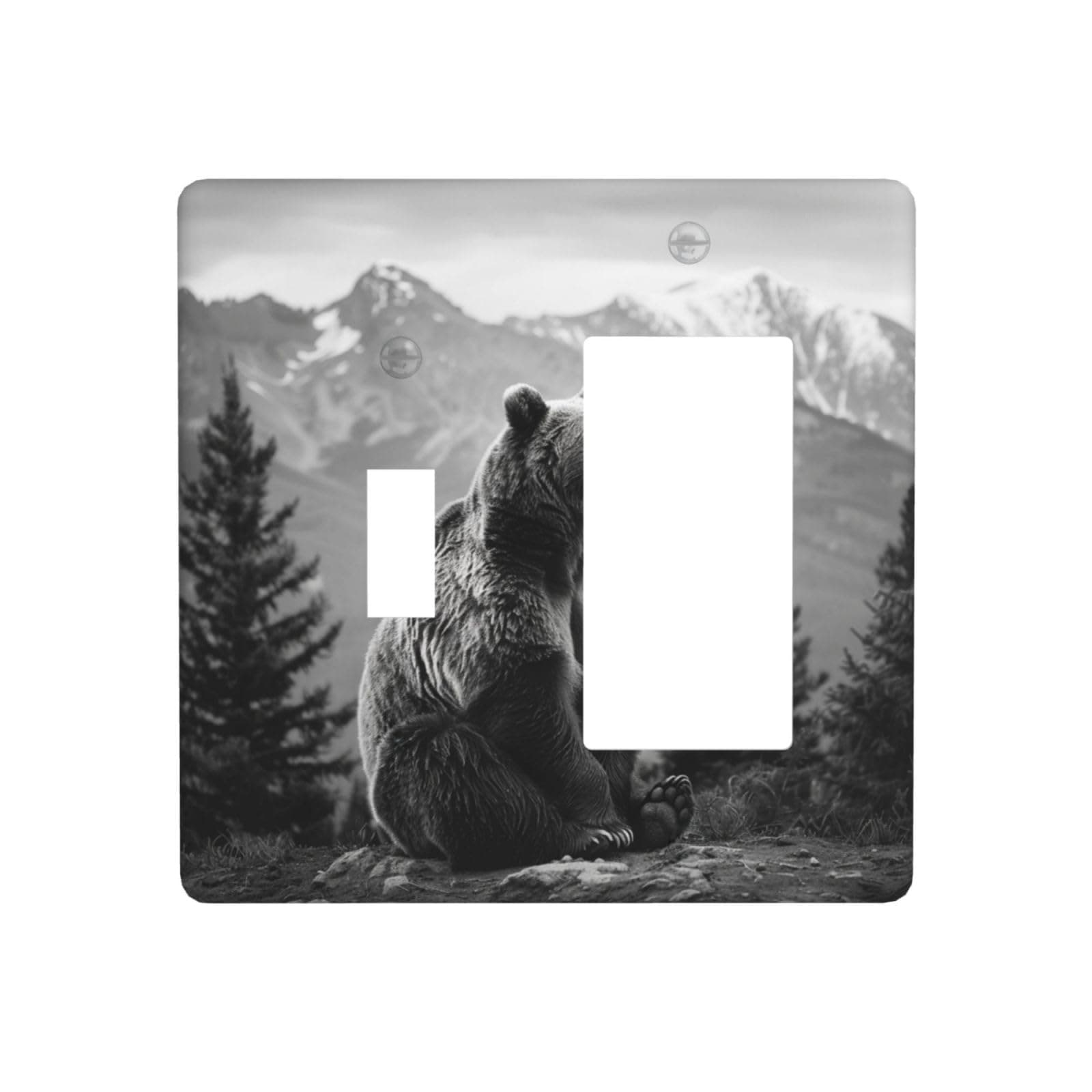 Spshian Light Switch Cover Plate Black White Bear Mountain Pine Trees Wilderness 2 Gang Combo Wall Plates Toggle Rocker Decorative Switch Plates and Outlet Covers for Bathroom Bedroom Decor
