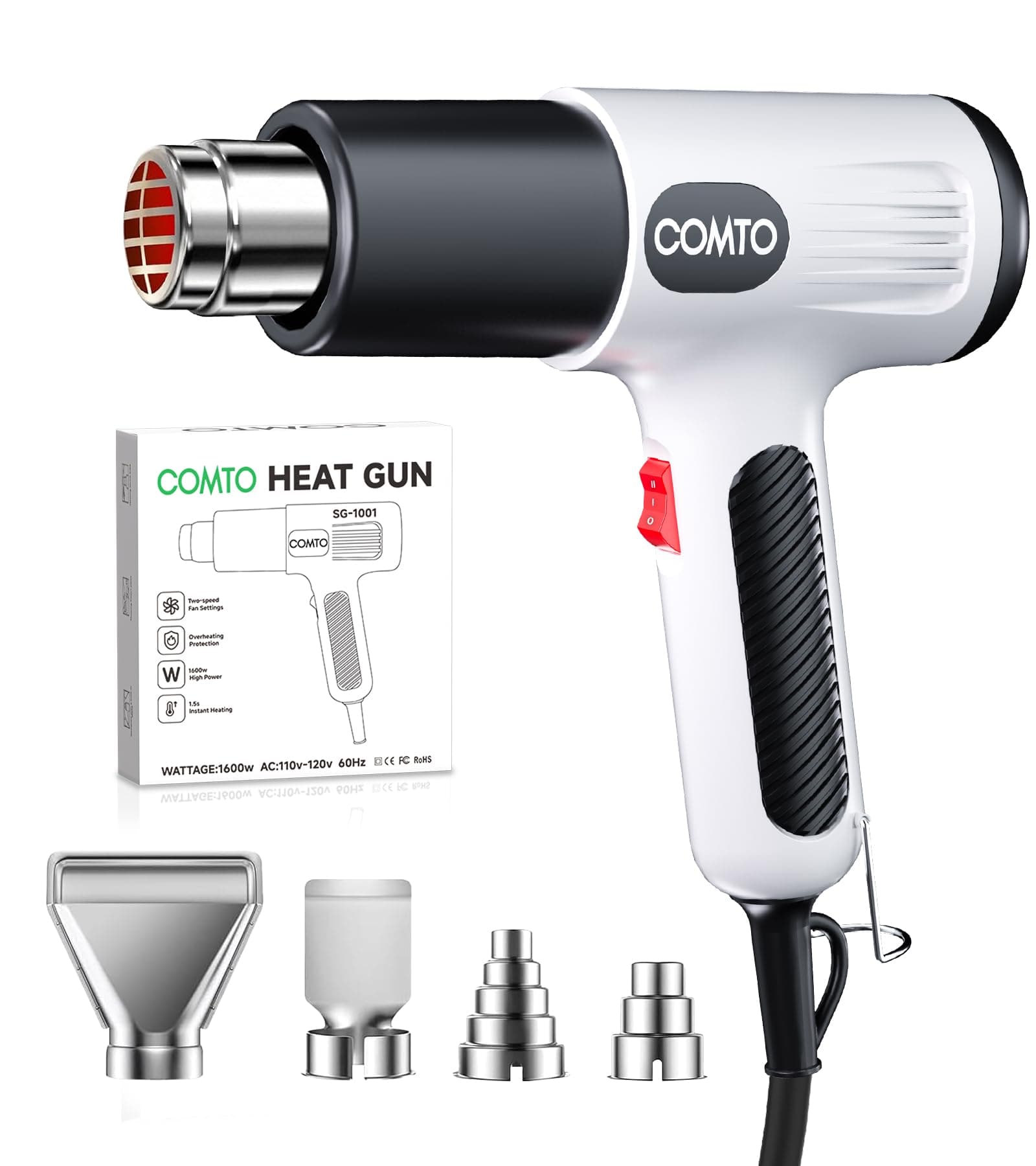 COMTO 1600W Heat Gun, Hot Air Gun with 2 Temp Settings, 4 Nozzles, Overheat Protection, for Shrink Tubing, Shrink Wrap, Crafting, Resin, and DIY Projects - White
