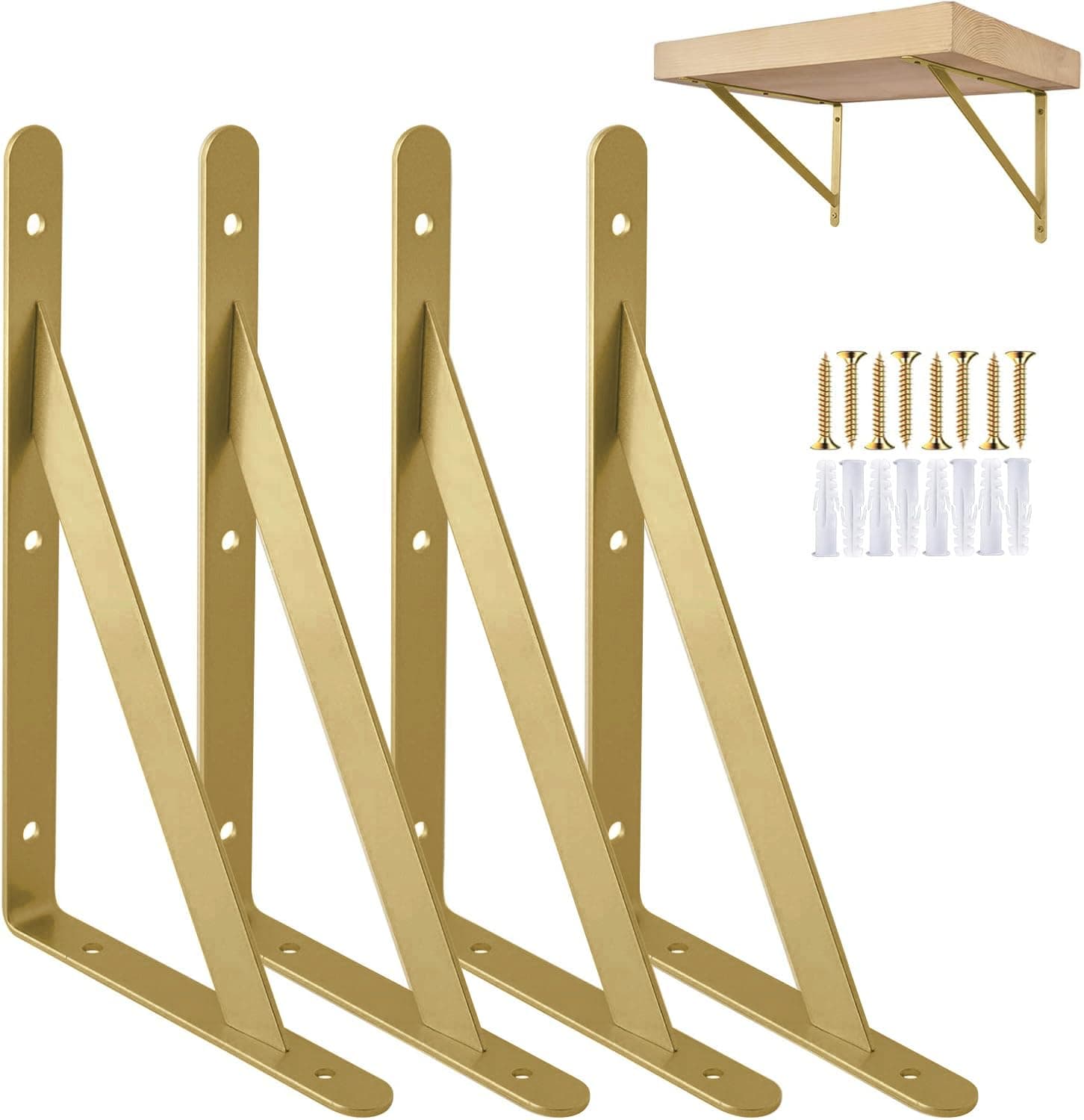 OVOV Heavy Duty Shelf Brackets Triangle Wall Brackets Gold 12 Inch 4 Pack