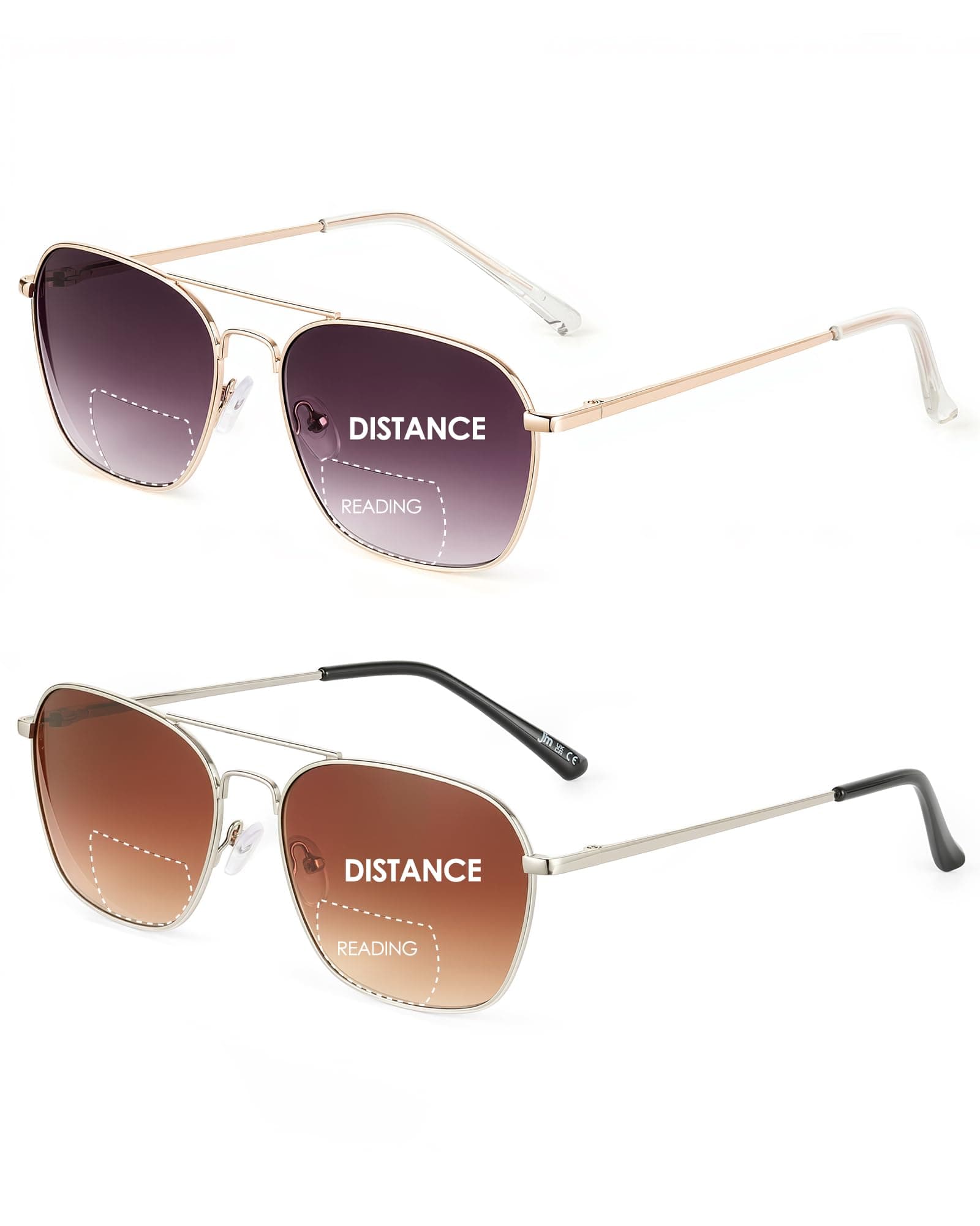 JM 2-Pack Aviator Bifocal Reading Sunglassses Women Men Metal Frame Sun Readers 2.50(Gold & Silver)