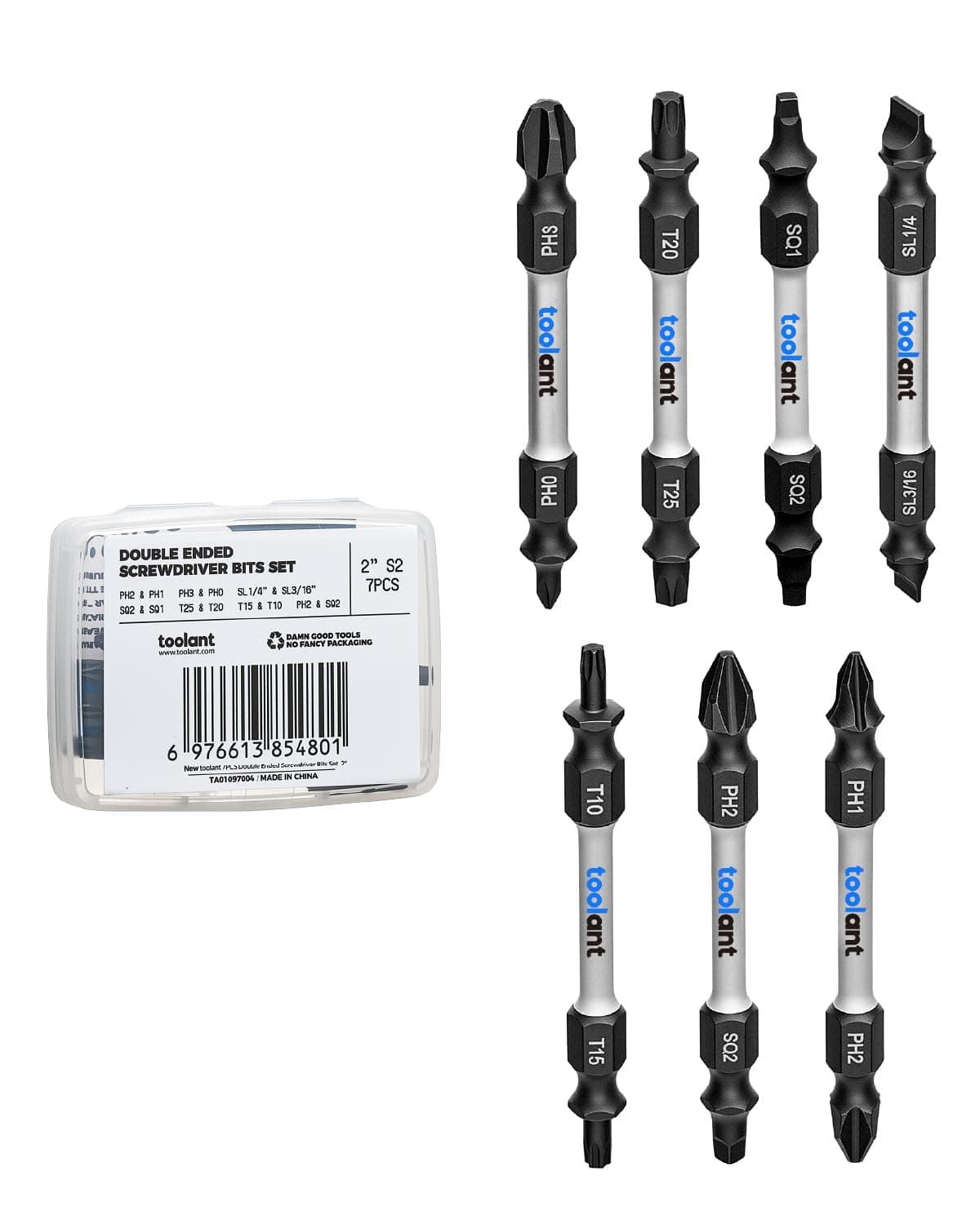 toolant 2 Inch Double-Ended Screwdriver Power Bit, 7 Pcs Impact Bit Set with Magnetic(PH2 & PH1 ; PH3 & PH0 ; SL1/4 & SL3/16; SQ2 & SQ1;T25 & T20; T15 & T10; PH2 & SQ2),1/4 Hex Shank with Case