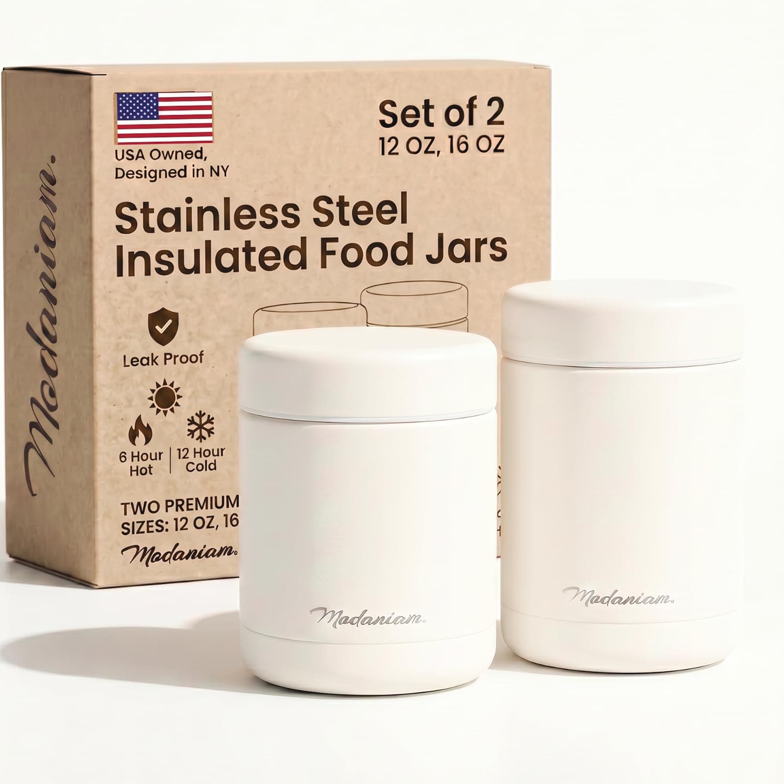 Modaniam Stainless Steel Insulated Food Jar Set of 2 (16oz + 12oz) | Wide Mouth | Hot Food Lunch Container | Thermal Lunch Box | Insulated Soup Bowl | Hot & Cold Lunch Box for Adults, Teens | Vanilla