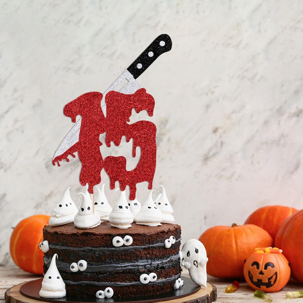 Glitter Killer Happy 15th Birthday Cake Topper, Halloween Zombie Vampire Bloody Friday Birthday Decorations, Happy 15th Birthday/Have A Killer,Horror Movie Party Decorations,Halloween Decorations