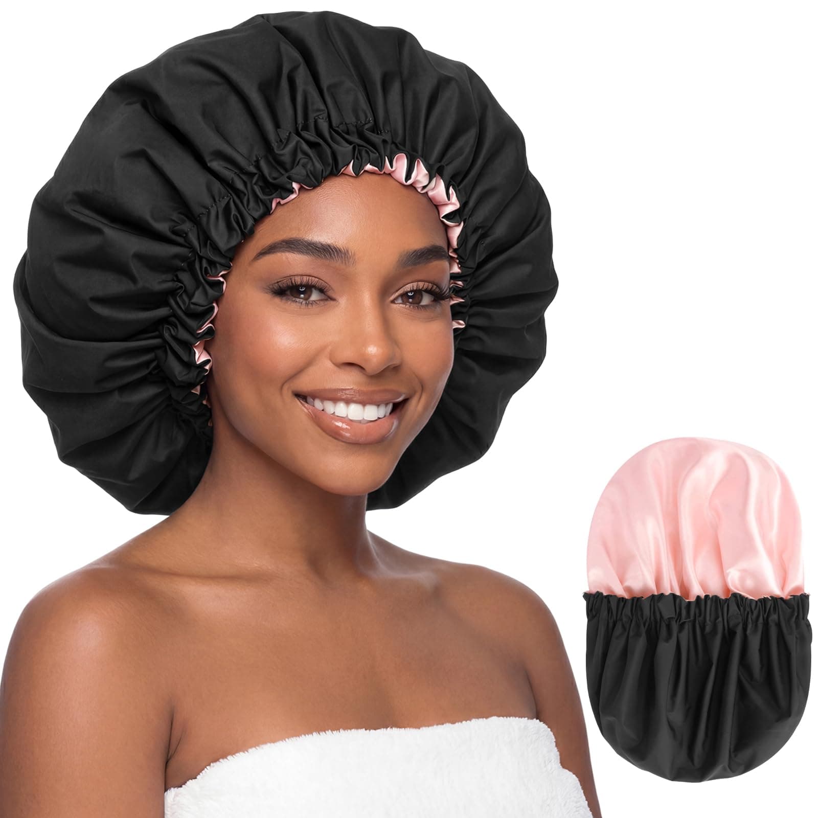 Satin Lined Shower Cap for Women, Extra Large Waterproof Shower Cap for Long Hair, Double Layer Reusable Bath Cap for Curly Hair, Braids & Thick Hair with Soft Elastic Band