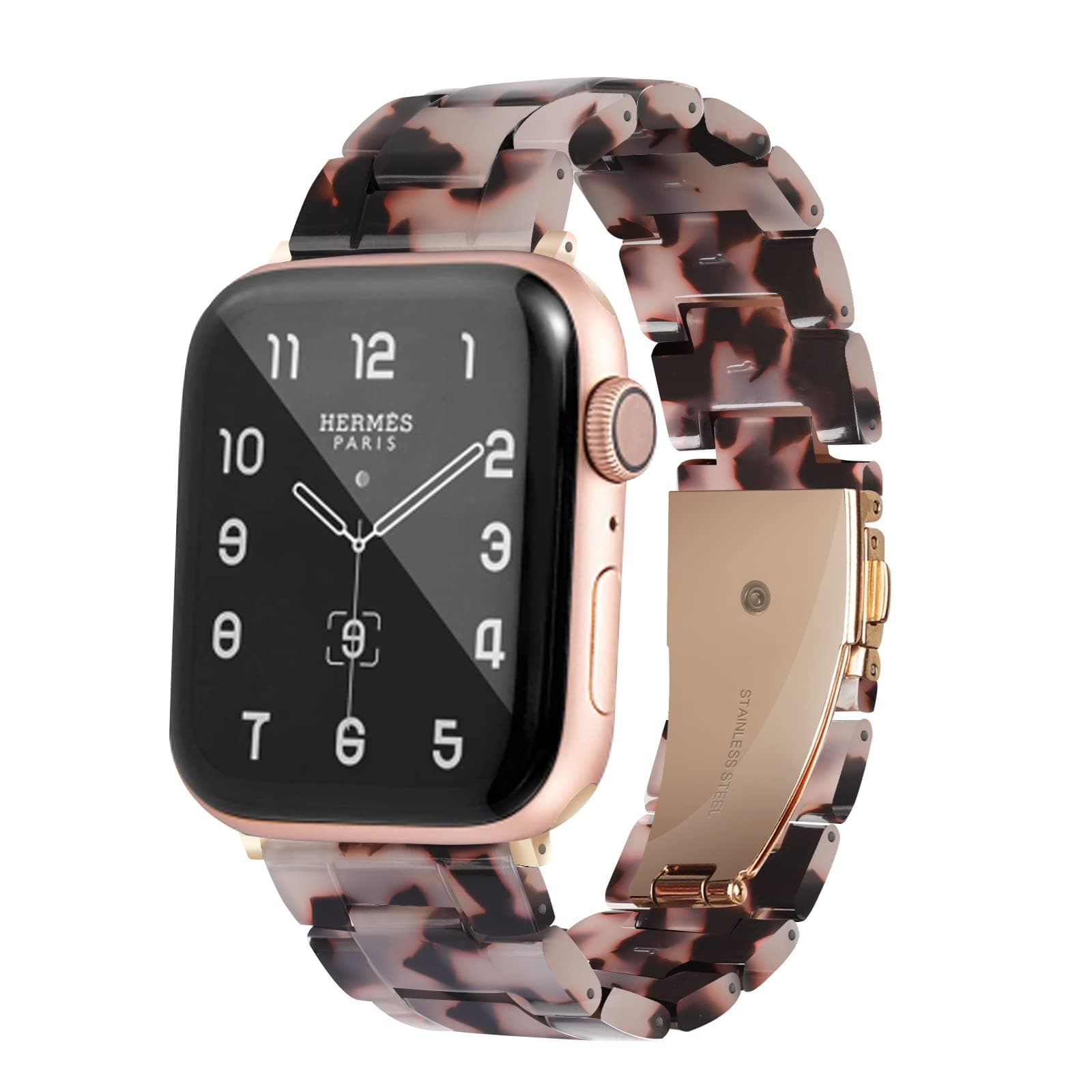 HOPO Compatible With Apple Watch Band 38mm 40mm 42mm 44mm Thin Light Resin Strap Bracelet With Stainless Steel Buckle Replacement For iWatch Series Ultra 9 8 7 6 5 4 3 2 1 SE(Black Agate/Rose