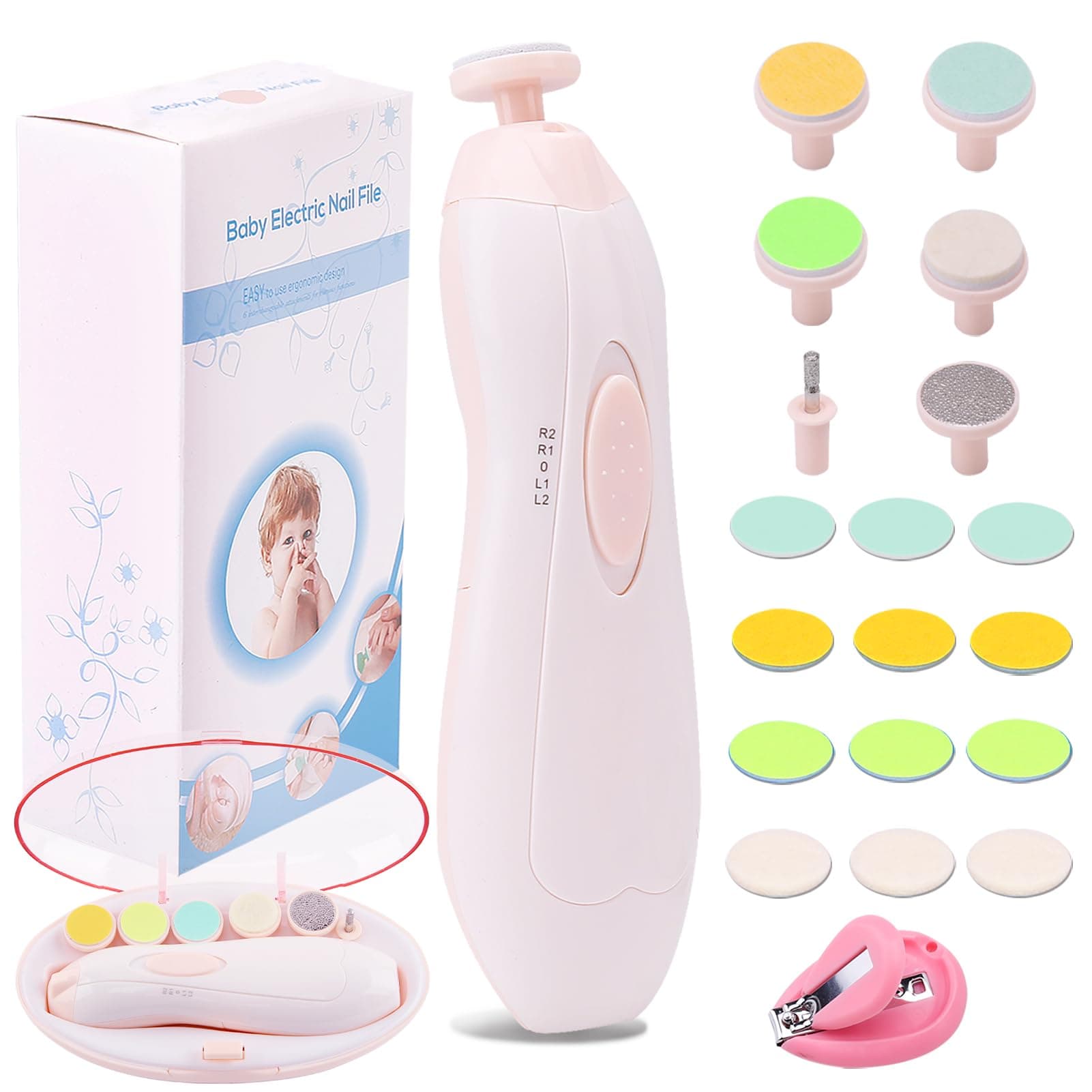 Consevisen Baby Nail File Electric Nail Trimmer Manicure Set with Nail Clippers Toes Fingernails Care Trim Polish Grooming Kit for Infant Toddler Kids or Women LED Light and 10 Grinding Heads Blush Pink