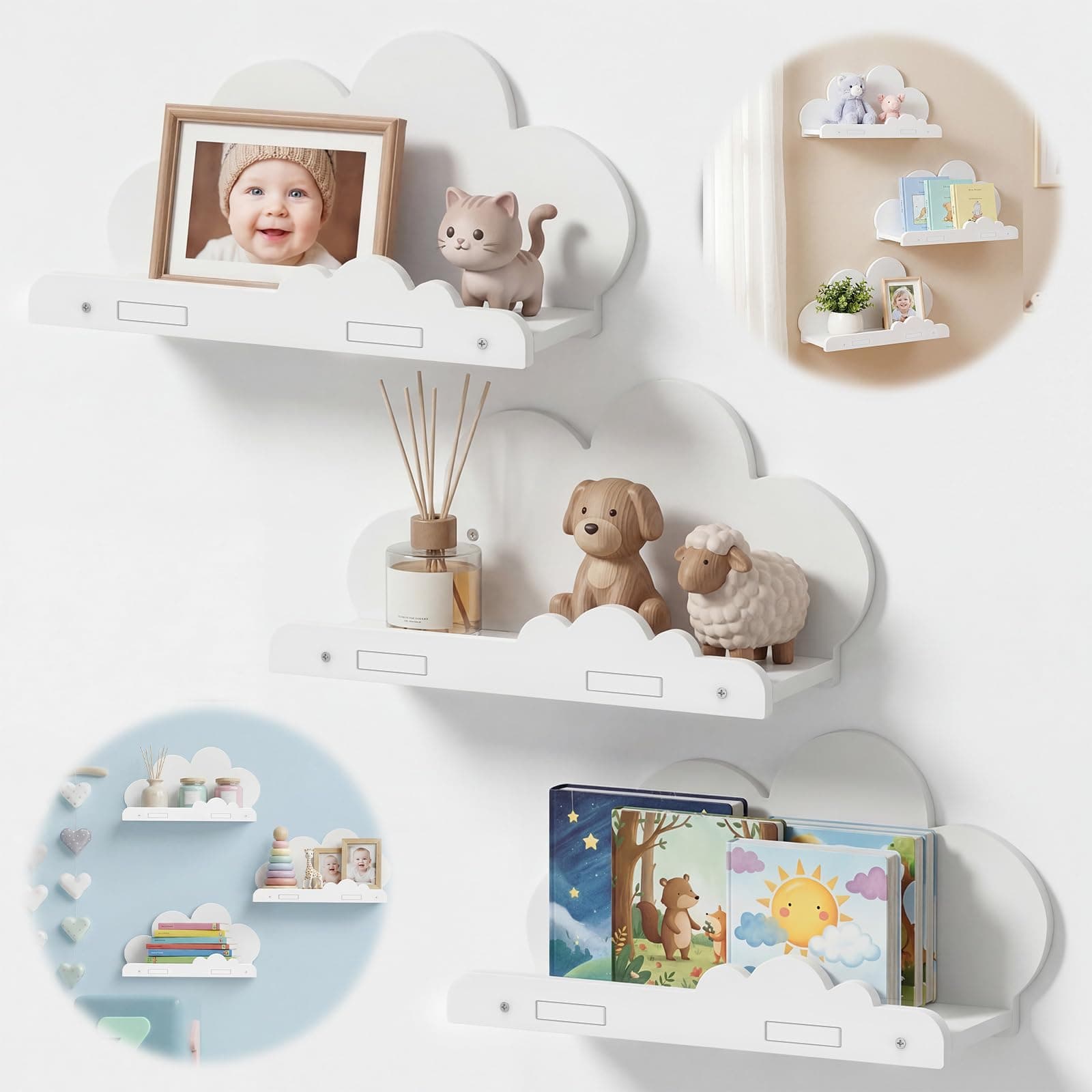 3Pcs Cloud Shelves Floating Shelves for Nursery Wall Mounted Storage Shelf Easy Install Cute Decorative Figure Shelf Nursery Wall Display Rack with Screw for Children Room Bedroom Living Room