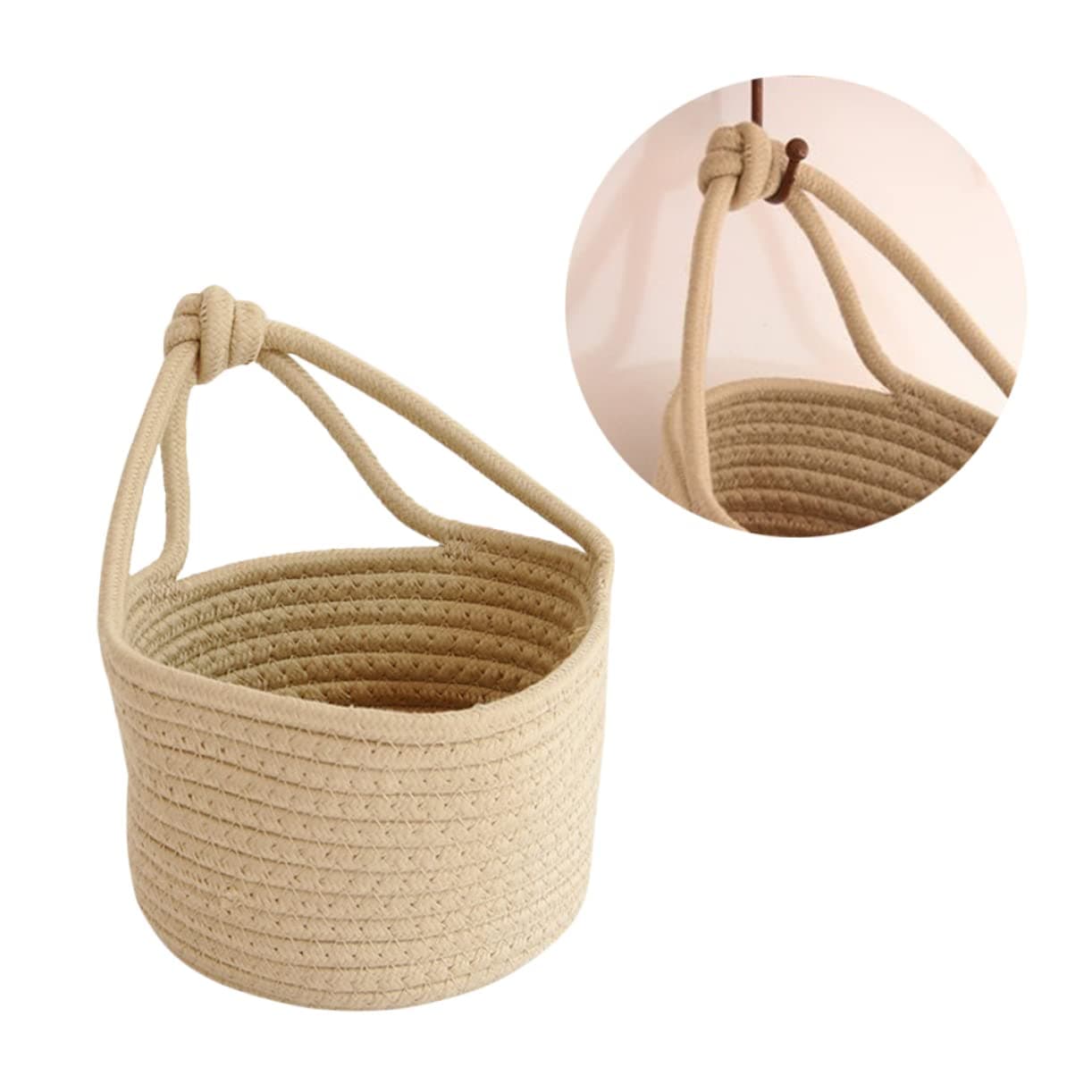 TOGEVAL Woven Cotton Rope Storage Basket Round Khaki Hanging Organizer for Toys Clothes and Sundries Stylish Home Accessory for Clutter Living Spaces