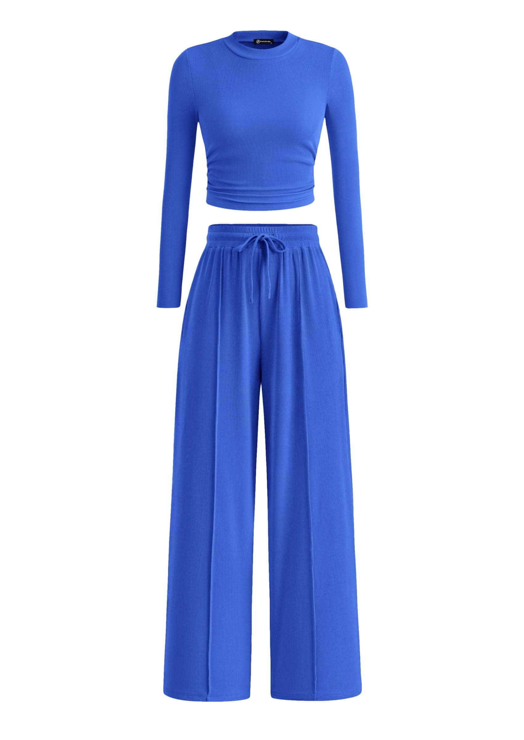 PRETTYGARDEN Women's 2 Piece Sets 2025 Fall Long Sleeve Crop Tops Wide Leg Pants Matching Outfit Tracksuits Fashion Clothing (Blue,X-Large)