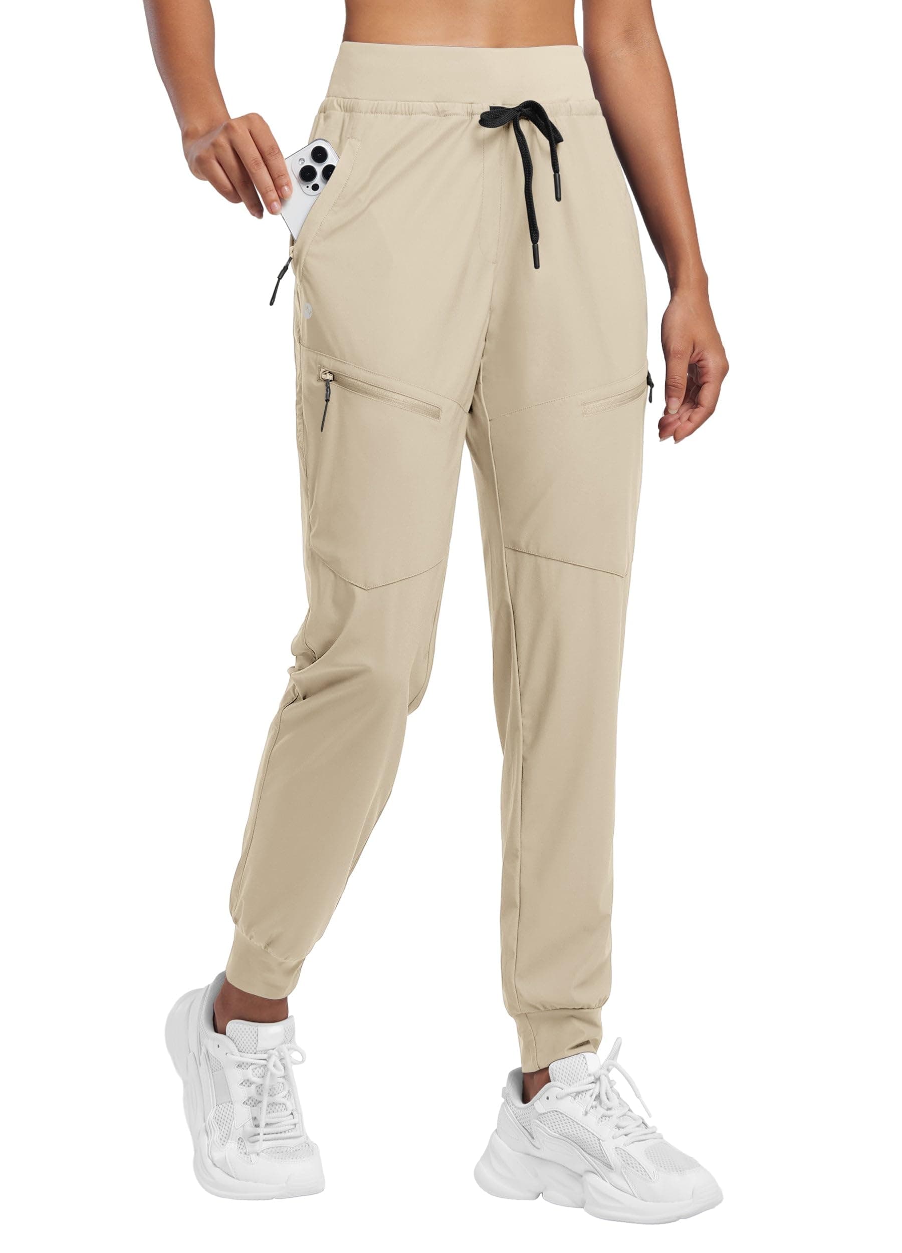 Willit Women's Joggers Lightweight Hiking Pants Quick Dry Travel Athletic Track Pants Zipper Pockets UPF 50+ Khaki XXL