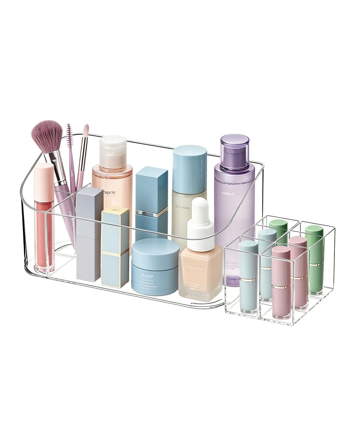 SUNFICON Makeup Organizer Storage Tray Bathroom Cabinet Cosmetic Tray Holder Countertop Vanity Makeup Display Tray Case with 9 Compartments 2 Removable Dividers for Beauty Essentials Crystal Clear