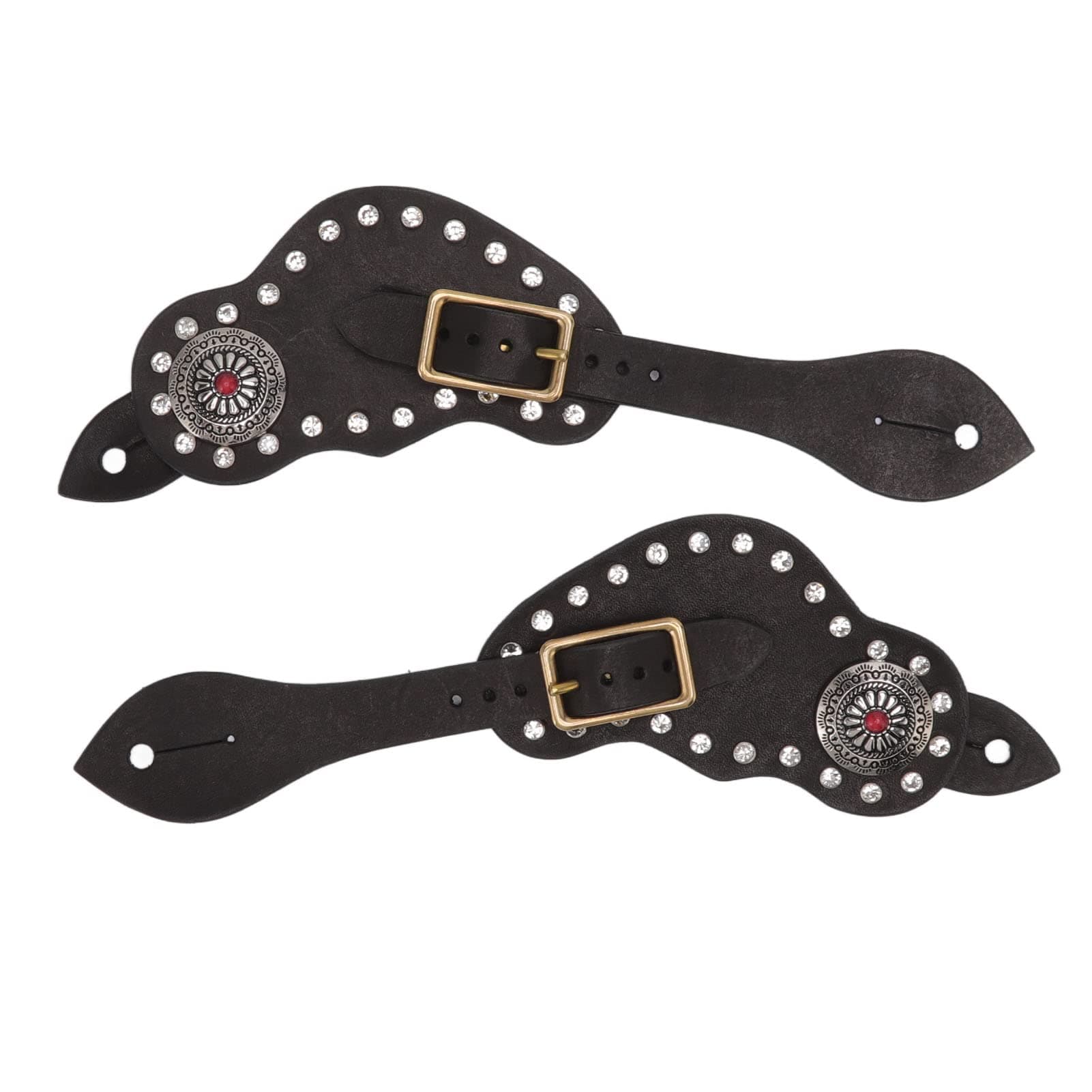 Xiuganpo 2Pcs Vintage Tooled Leather Spur Straps, Easy to Adjust, Youth Rhinestone Spur Straps, Westerns Leather Set for Horse, Artificial Rhinestone Decorations