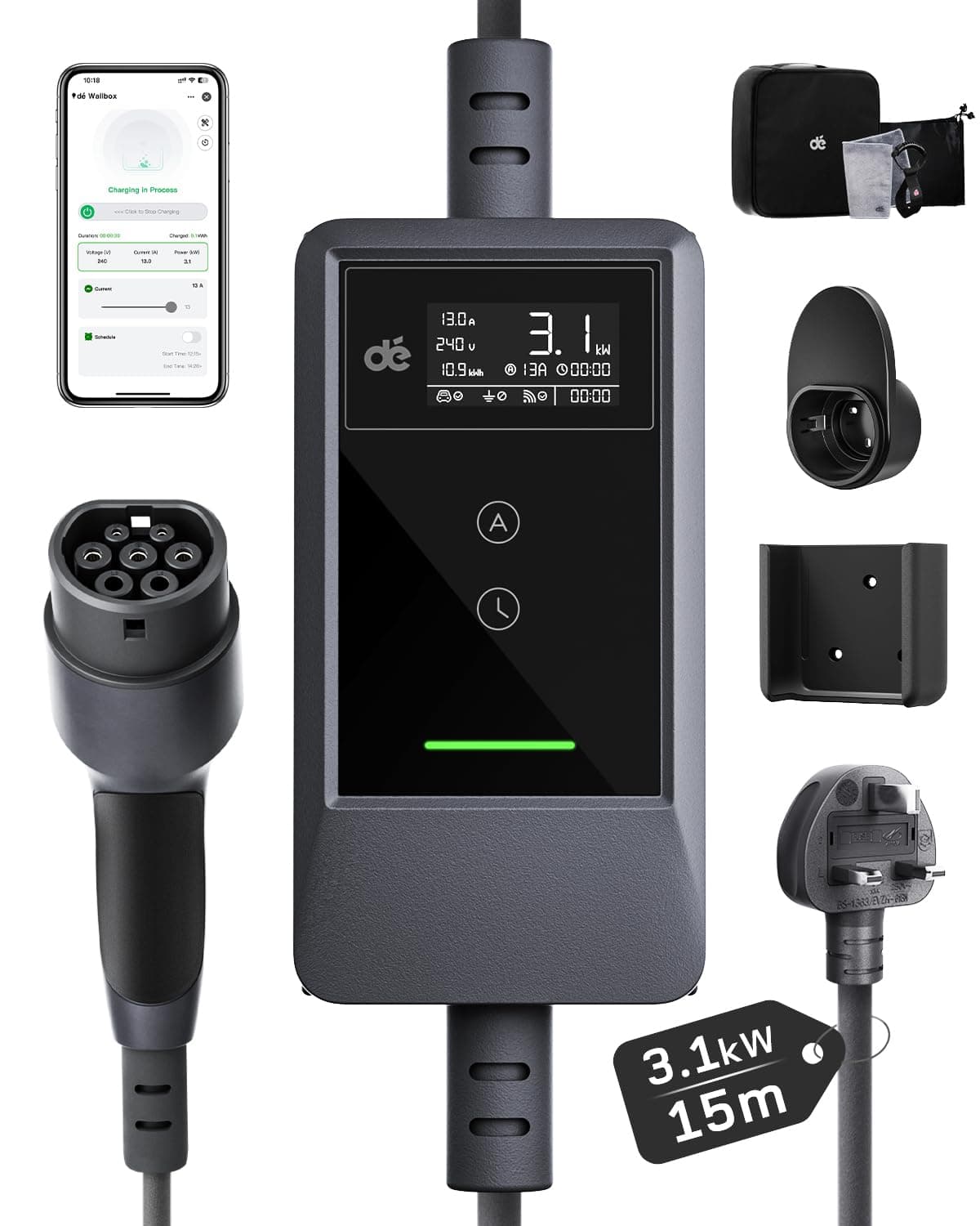 dé EV Charger 3 Pin Plug 15m with App, 3.12kW Electric Car Charger Type 2