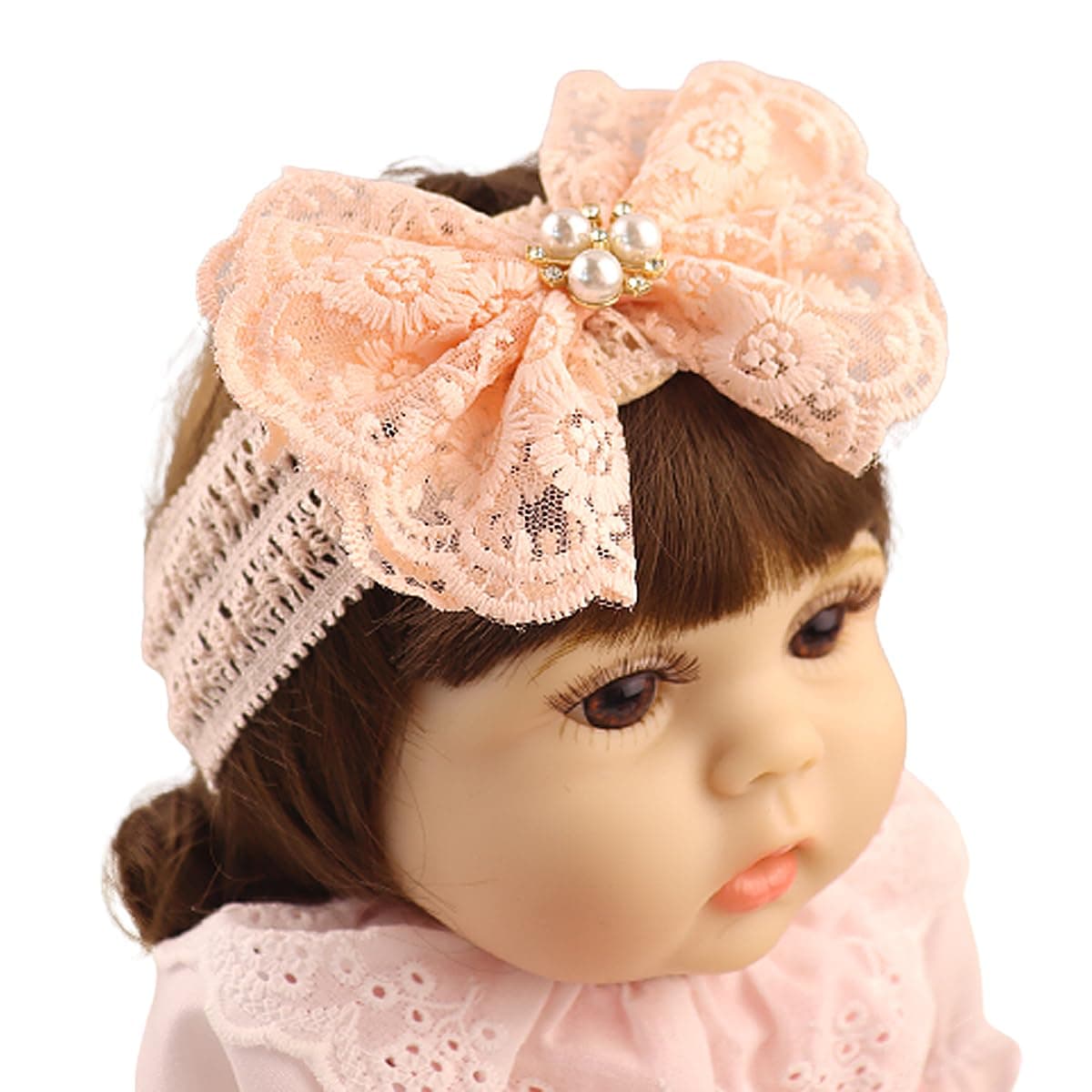 Rannyrena Lace Flower Bow-knot Baby Girls Headband Birthday Infant Wrap Elastic Baby Turban Hairband for Newborn Infant Toddler Kids (Pink pearl)