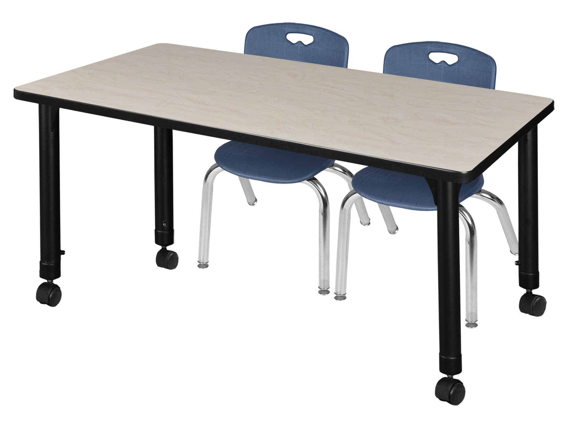 Regency Kee 48 x 24 in. Mobile Adjustable Classroom Table- Maple & 2 Andy 12 in. Stack Chairs- Blue