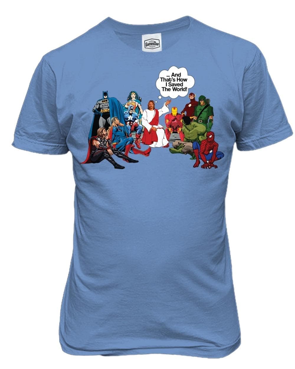 KING THREADS Jesus and Superheroes That's How I Saved The World Unisex T-Shirt (Carolina Blue, X-Large)