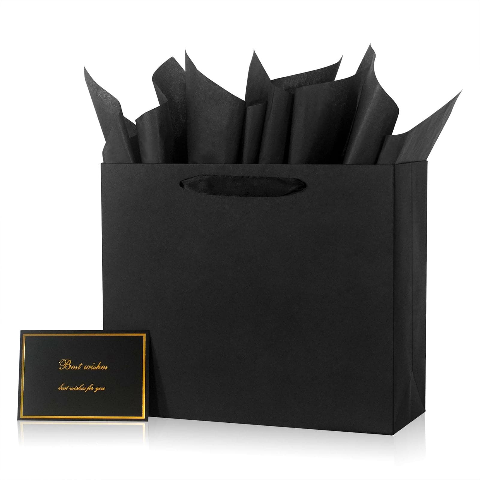 Elegant Black Gift Bag 11.8"x4.5"x9.8" with Ribbon Handles, Includes Card and Tissue Papers, Perfect for Birthdays, Weddings, Parties, Holidays, Baby Shower