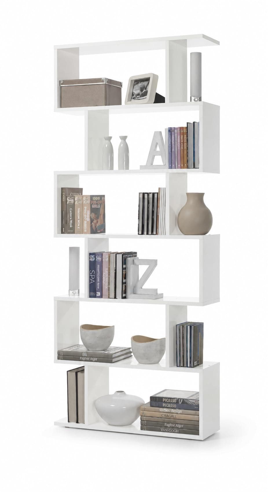 Habitdesign - Estantería Salón, Librería, Separador Ambientes, Color Blanco Brillo, 80x192x24 cm - Modelo Athena