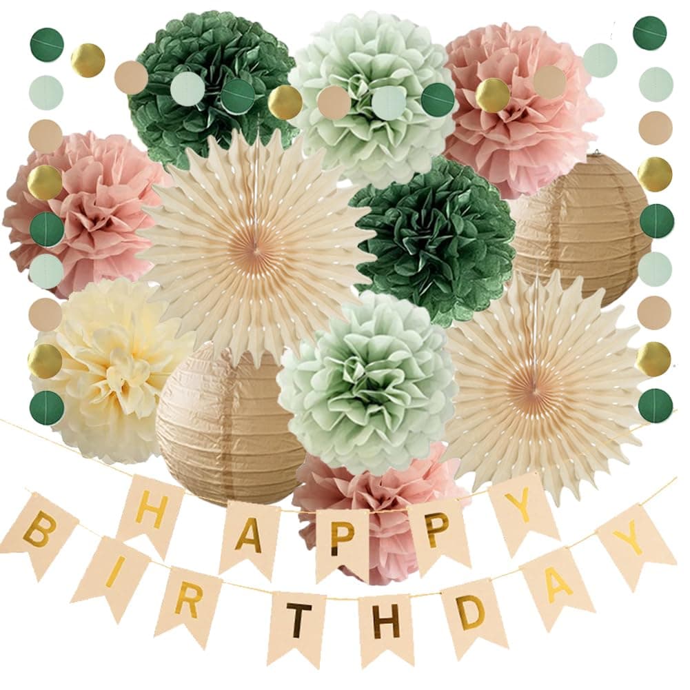 Sage Green and Dusty Pink Birthday Decorations Sage Green Dusty Rose Paper Pom Poms Paper Fans Happy Birthday Banner for Women Girls Neutral Birthday Party Decor