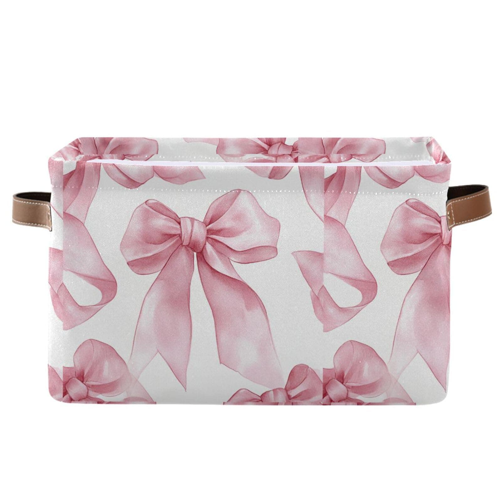 CWUPZAY Light Pink Bow Storage Basket Canvas Fabric Collapsible Storage Bins Box Organizer Waterproof for Home Bedrooms 1 Pack